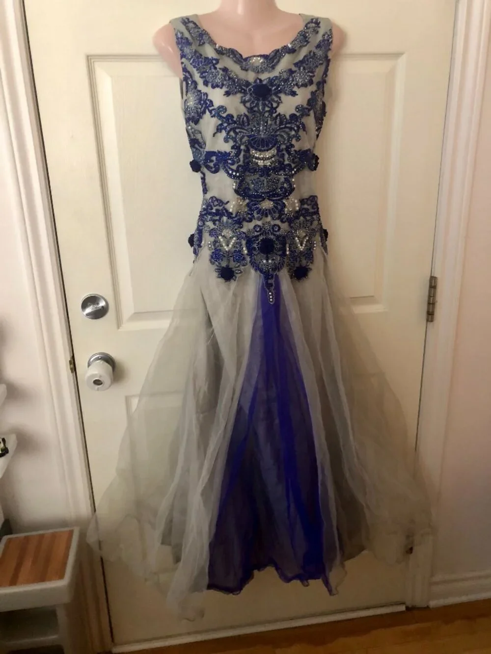 Formal Prom Maxi Dress S/M Embroidered Grey & Blue Indian Style Anarkali Gown - Picture 3 of 15